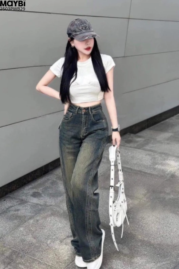 Quần jean ống suông xanh đen cạp cao