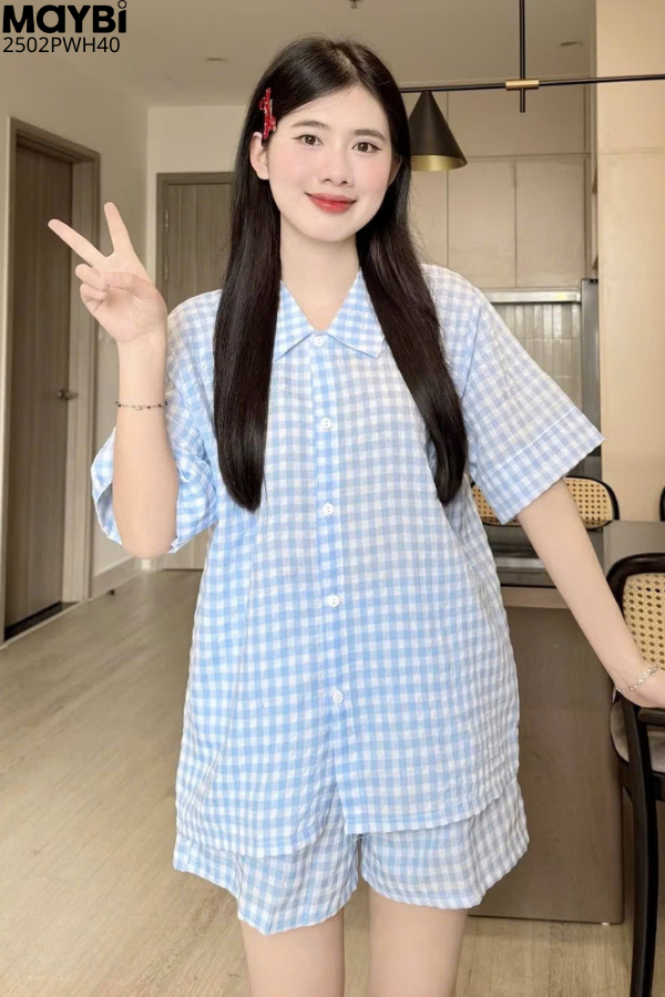 Bộ pyjama ngắn suông sọc caro