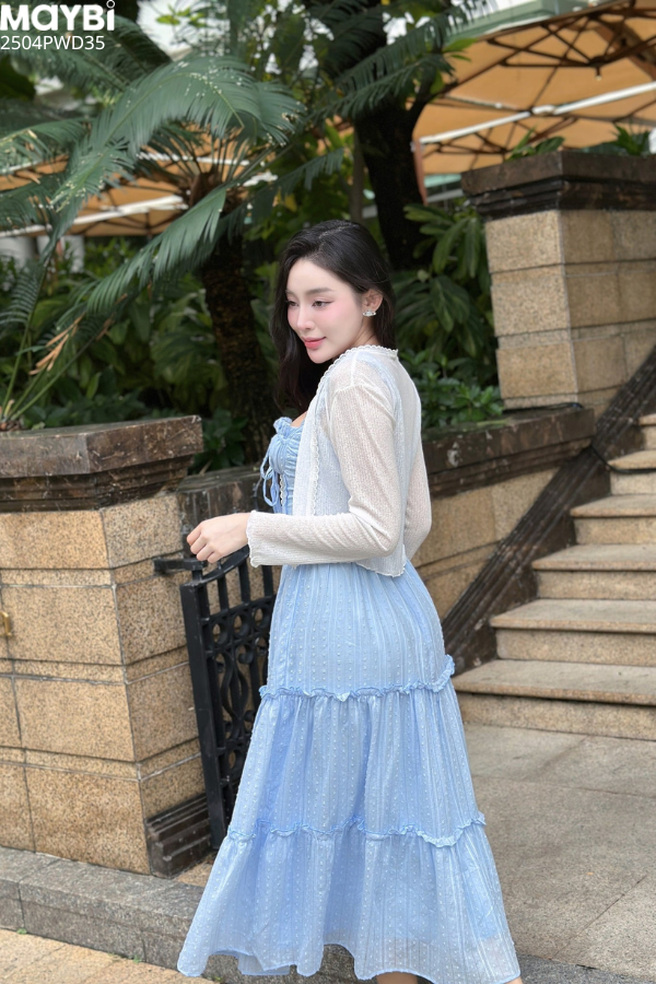 Đầm hai dây nhún xòe dáng midi (có kèm áo như hình)
