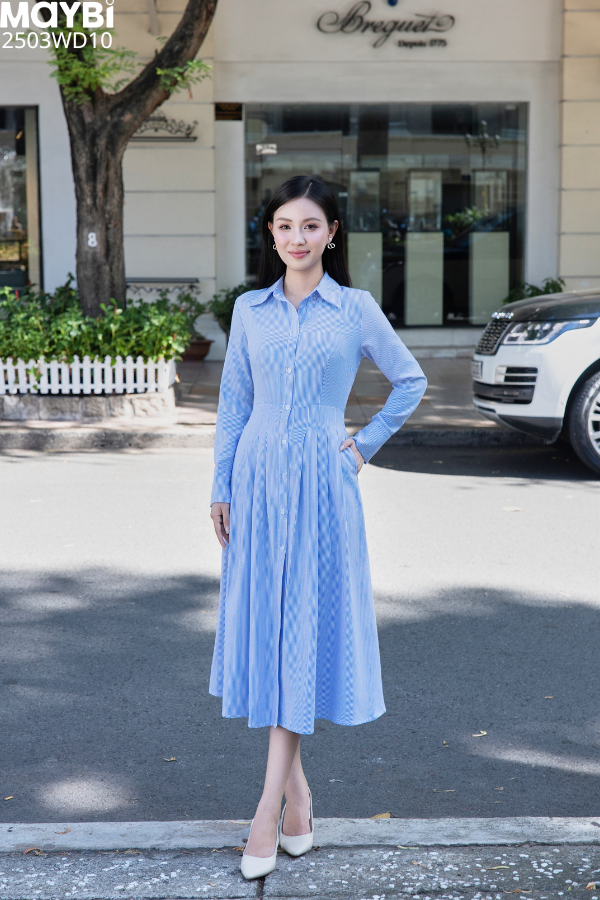 Đầm sơ mi ford sọc dài tay dáng midi