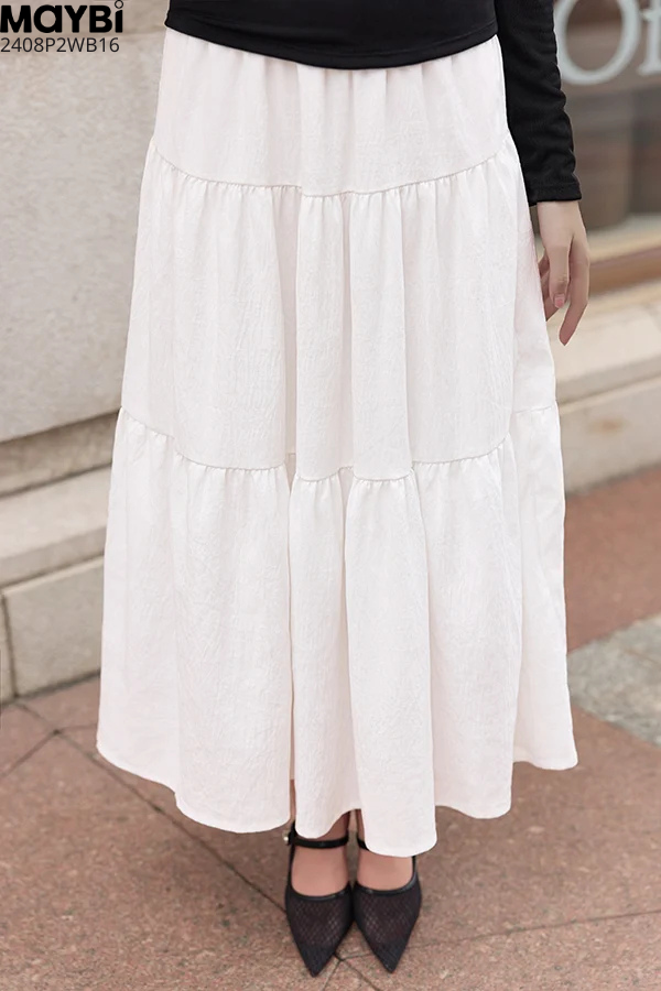 Chân váy xòe nhún tầng midi cotton