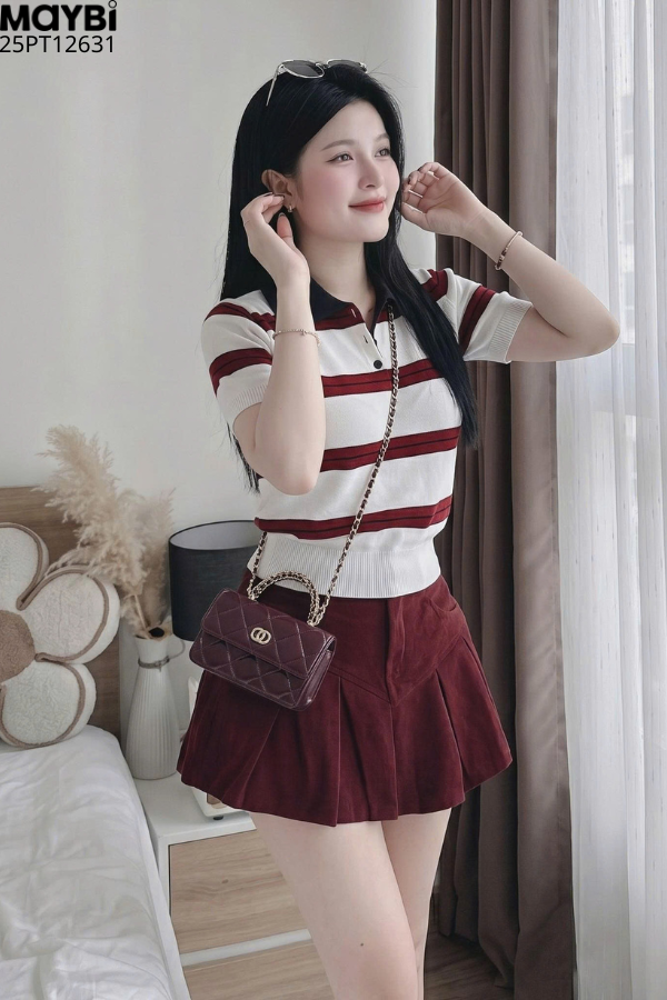 Set áo polo dệt kim chân váy kaki
