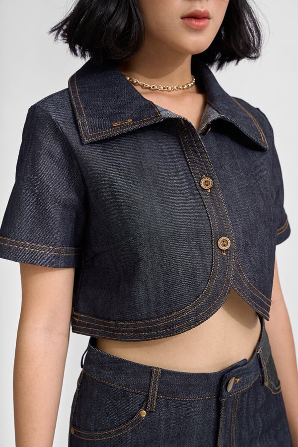 Áo croptop suông jean lai cong