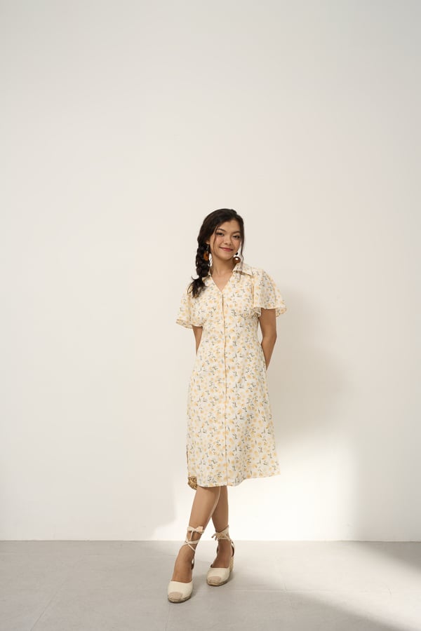 Đầm gài nút form A lụa nhún cup tay xòe