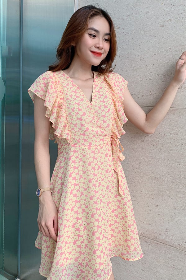 Đầm đắp tà voan in họa tiết phối bèo