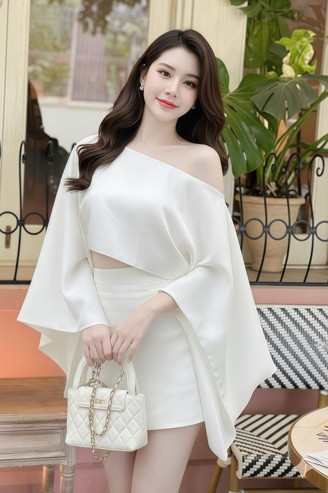 (CÓ SẴN HN) Set áo kiểu lệch vai chân váy A dáng mini