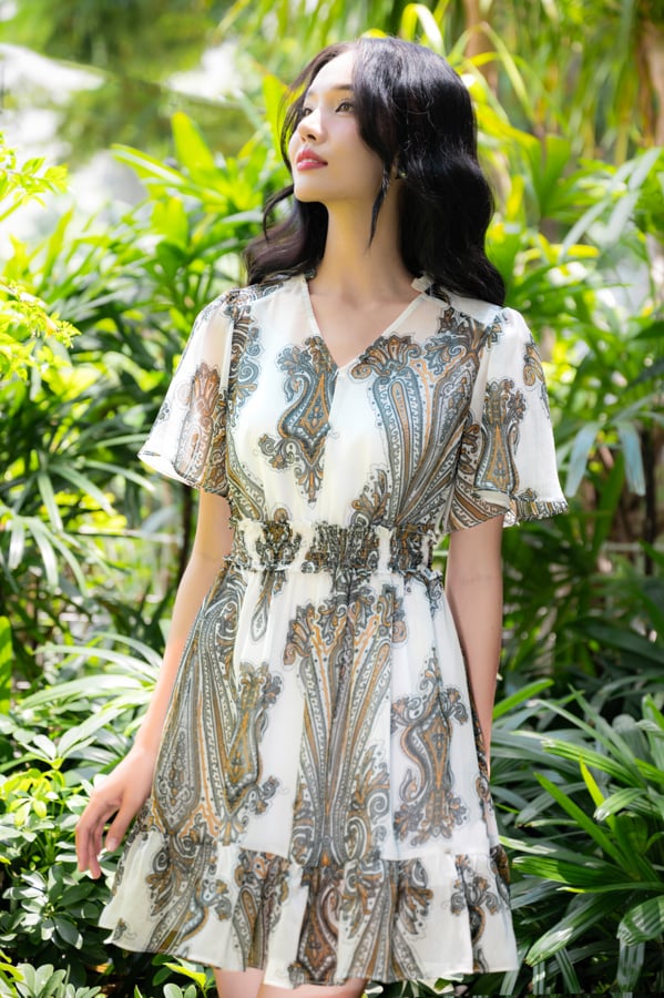 Đầm xòe nhún eo voan tay nhún xòe