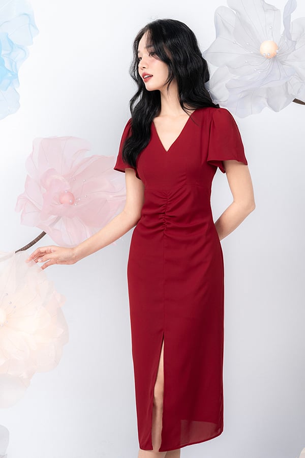 Đầm midi ôm voan cát phối nhún trang trí