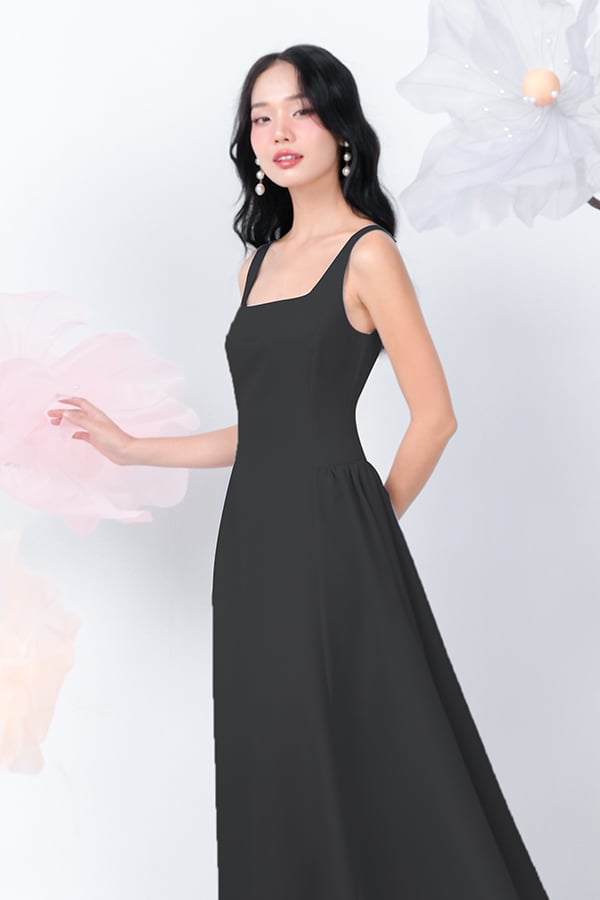 Đầm midi xòe pho xéo nhún hai bên tùng