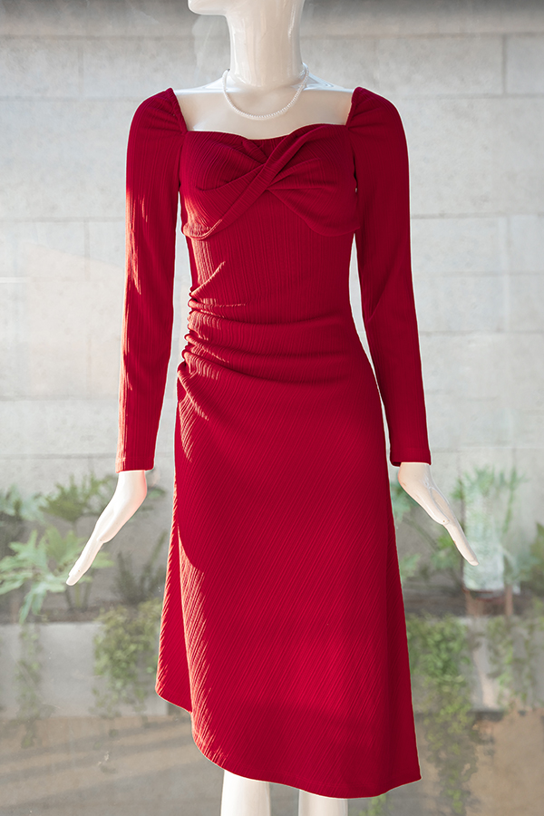 Đầm midi ôm thun sọc xoắn nơ ngực