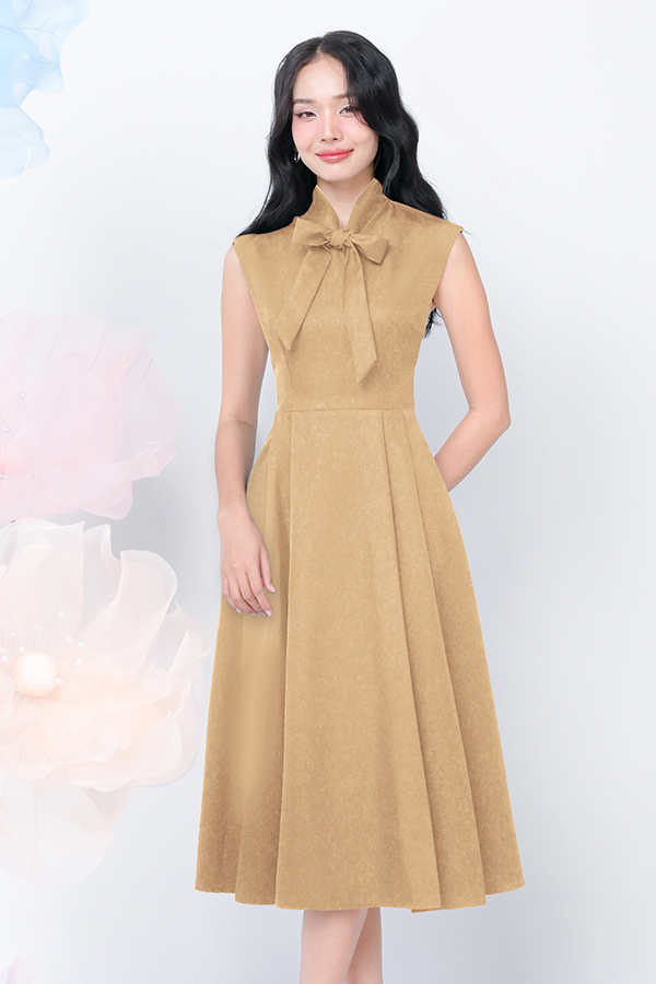 Đầm midi cotton lạnh thắt nơ cổ