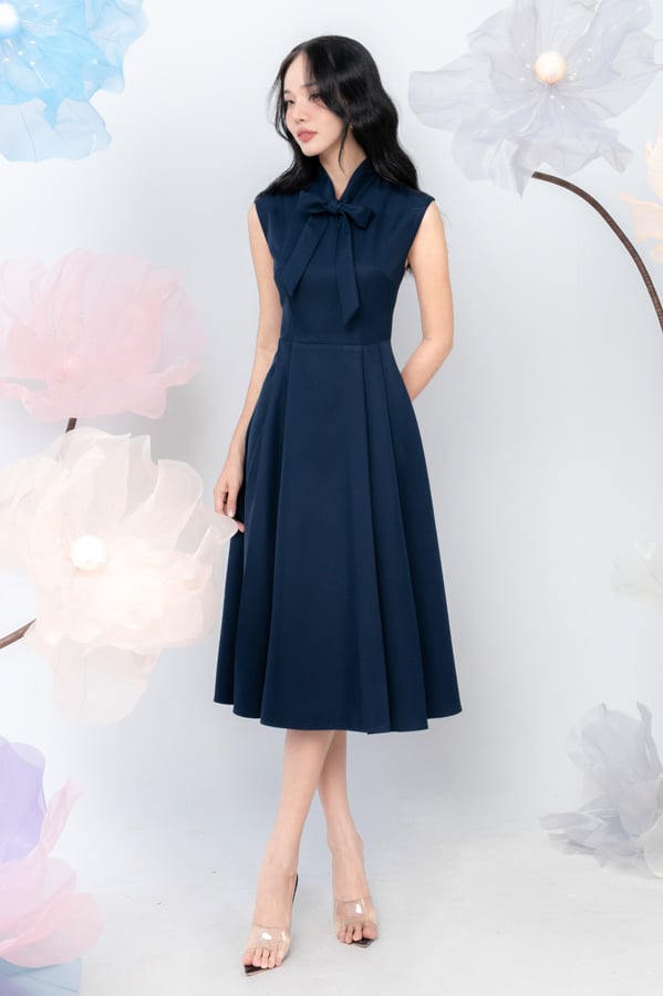 Đầm midi cotton lạnh thắt nơ cổ