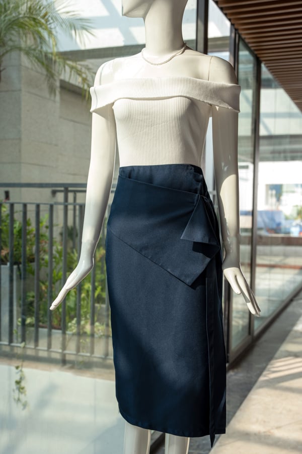 Chân váy midi cotton lạnh phối đắp tà