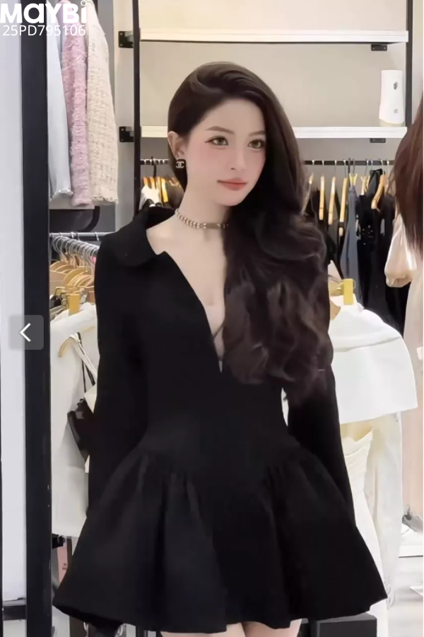 Đầm xòe cổ bẻ dài tay dáng mini