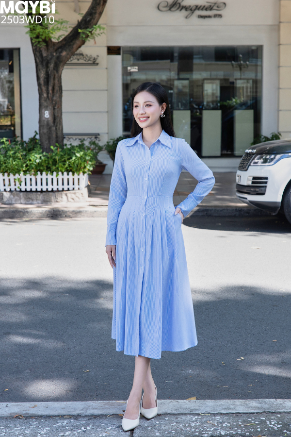 Đầm sơ mi ford sọc dài tay dáng midi
