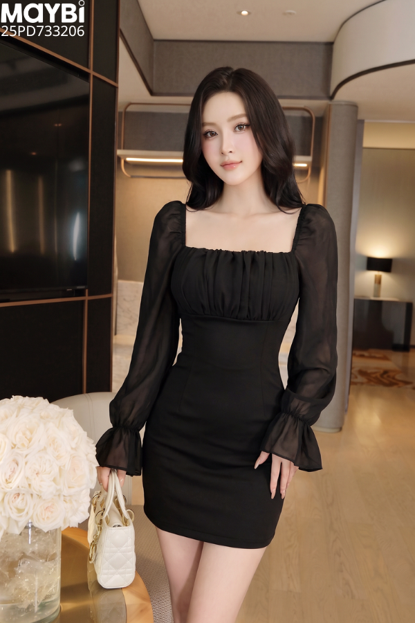 Đầm ôm cổ vuông tay phối voan dáng mini