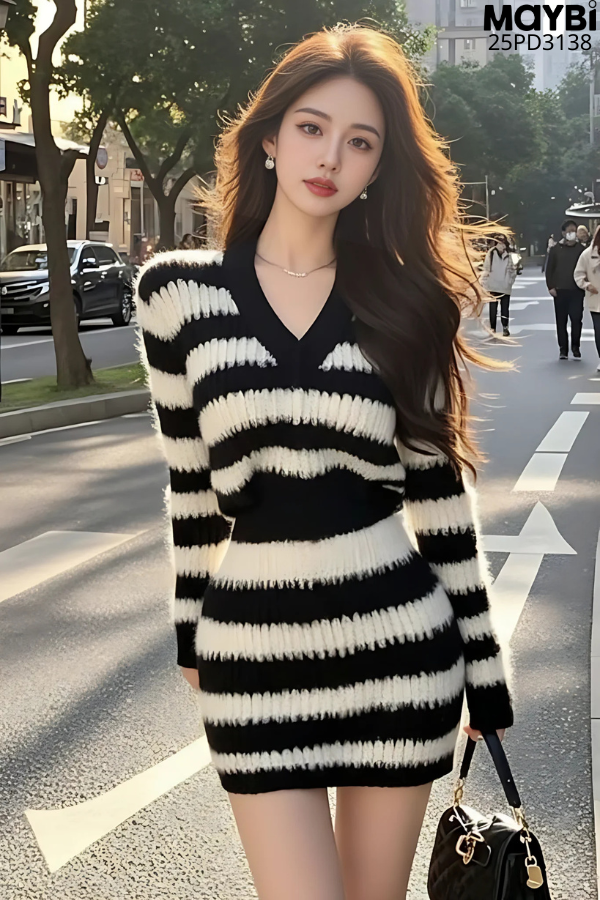 Đầm dệt kim sọc cổ V