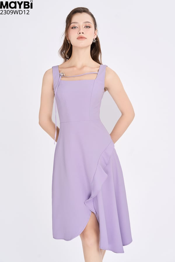Đầm midi chữ A cotton lạnh phối bèo trang trí tùng