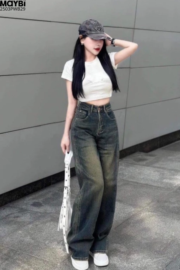 Quần jean ống suông xanh đen cạp cao