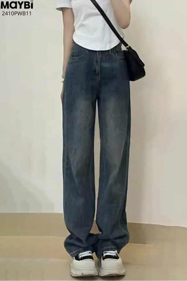Quần jean ống suông cạp cao wash