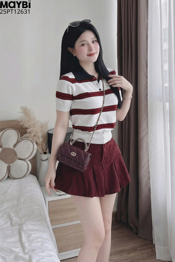 Set áo polo dệt kim chân váy kaki