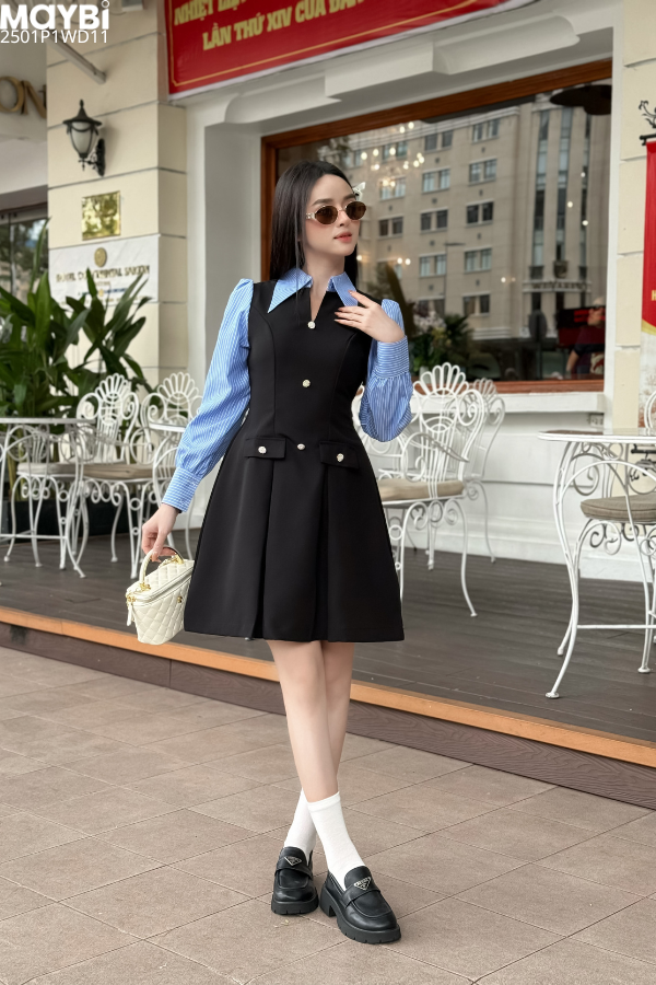 Đầm xòe cotton đen phối cổ sơ mi dáng mini