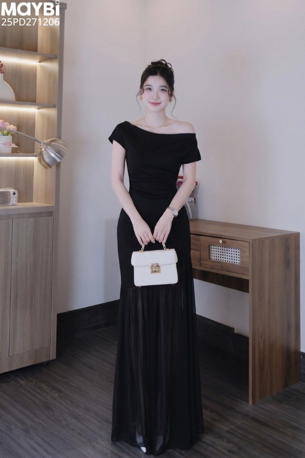 Đầm lệch vai nhún kiểu dáng maxi