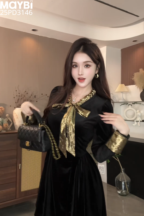 Đầm xòe dài tay cổ thắt nơ dáng mini