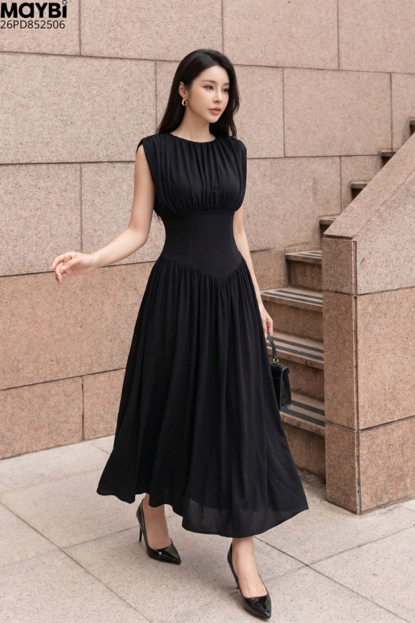 Đầm thun maxi đen nhún tùng xòe