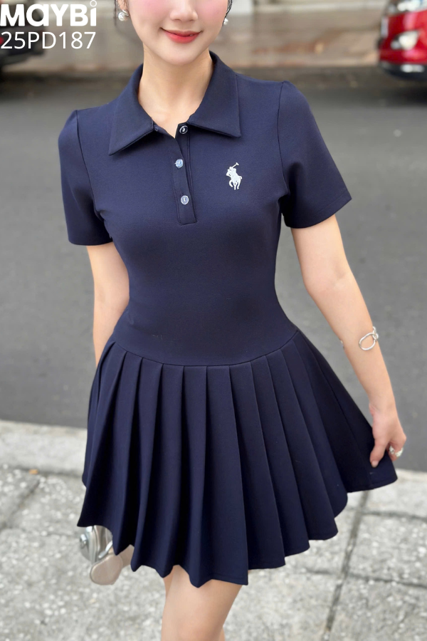 Đầm polo thun tùng xòe xếp ly dáng mini