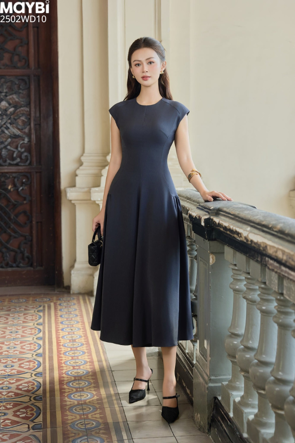 Đầm xòe chéo nhung hàn tùng rã nhún dáng midi