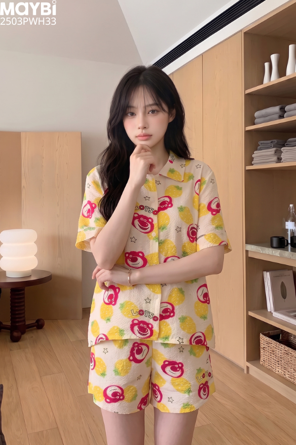 Bộ pyjama ngắn suông ngắn tay cotton in hình gấu dâu
