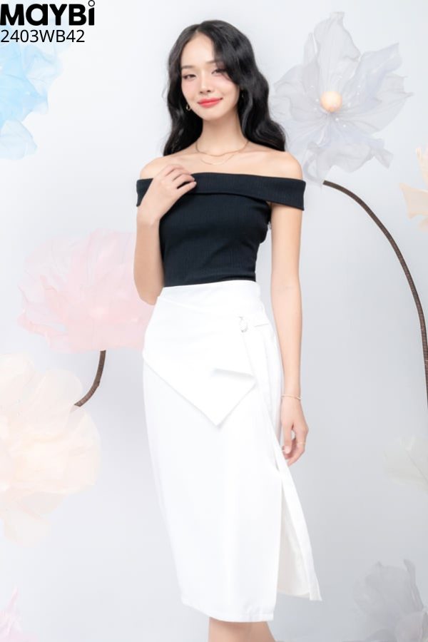 Chân váy midi cotton lạnh phối đắp tà