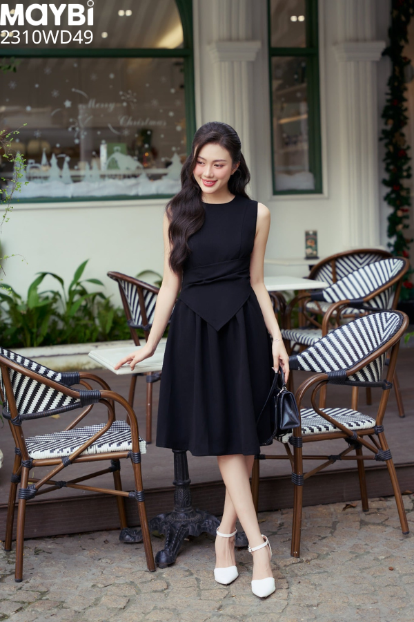 Đầm midi xòe tuyết mưa xếp ly kiểu eo