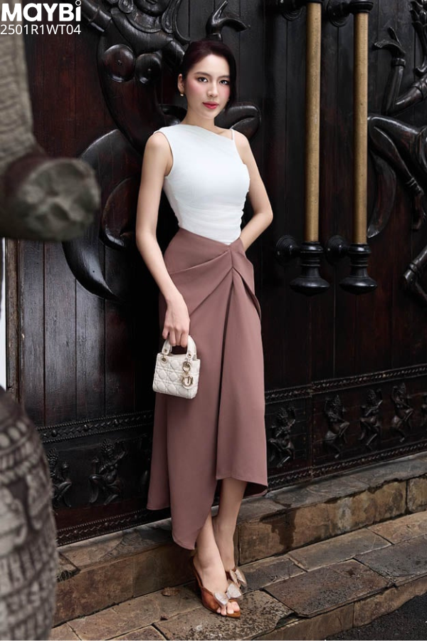 Chân váy midi ôm tuyết mưa phối xếp ly kiểu
