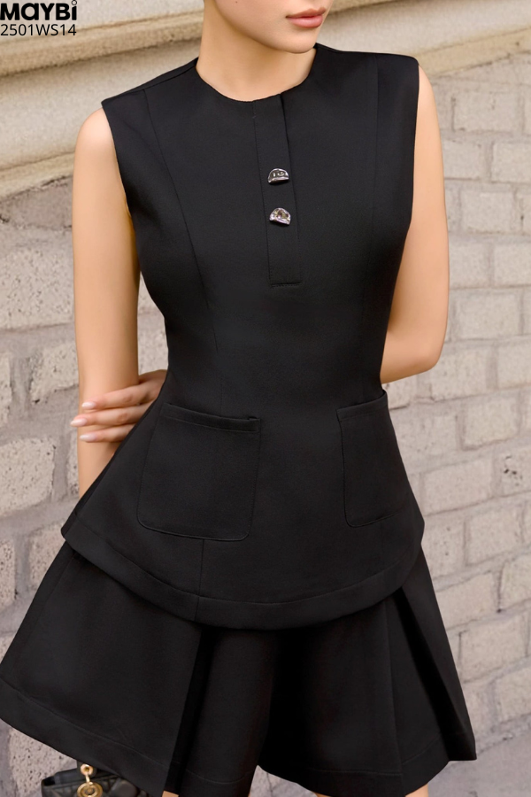 Set áo peplum cotton thái phối quần short ống rộng chiết ly trước