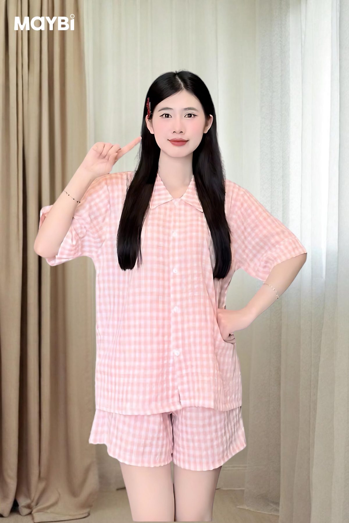Bộ pyjama ngắn suông sọc caro