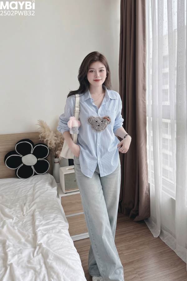 Quần jean ống suông phối nơ trang trí