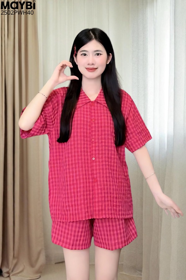 Bộ pyjama ngắn suông sọc caro
