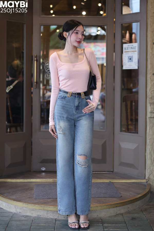 Quần jean ống suông wash rách gối