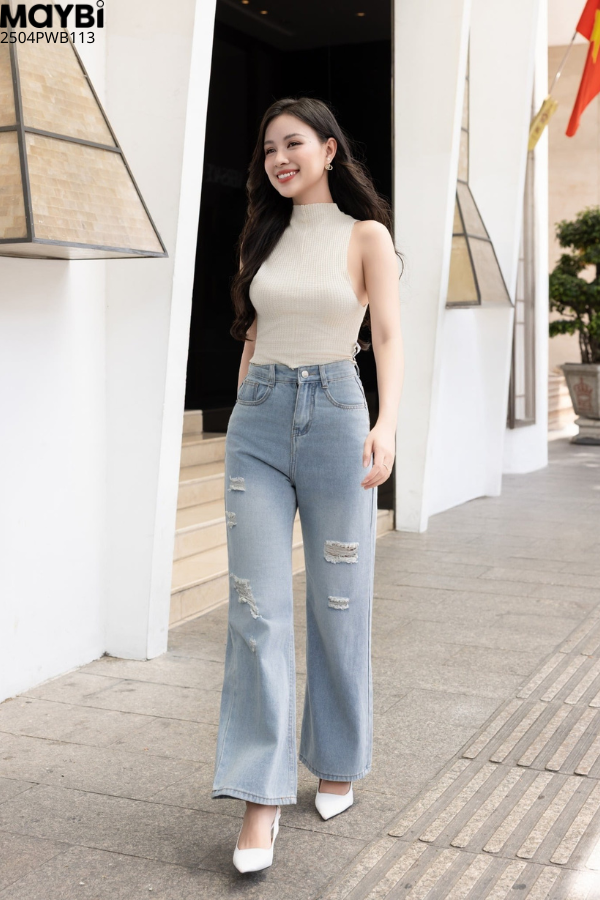 Quần jean ống suông rách kiểu