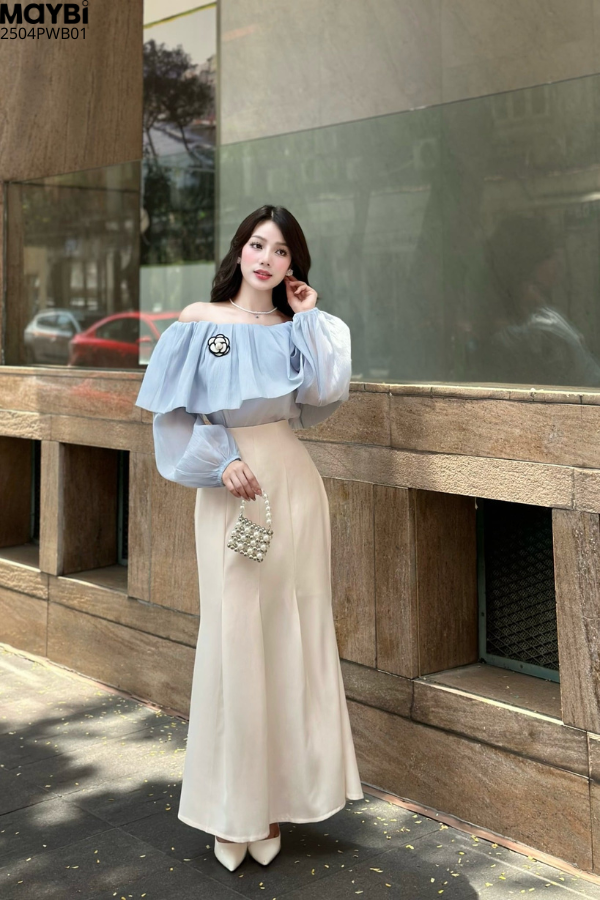 Chân váy đuôi cá cotton hàn kem dáng midi