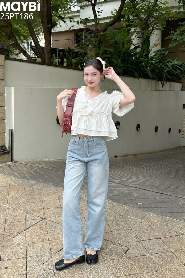 Áo croptop form rộng tay bí trắng