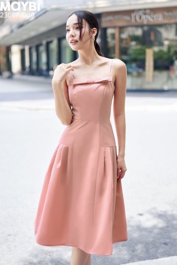 Đầm midi xòe phi tapta phối nơ