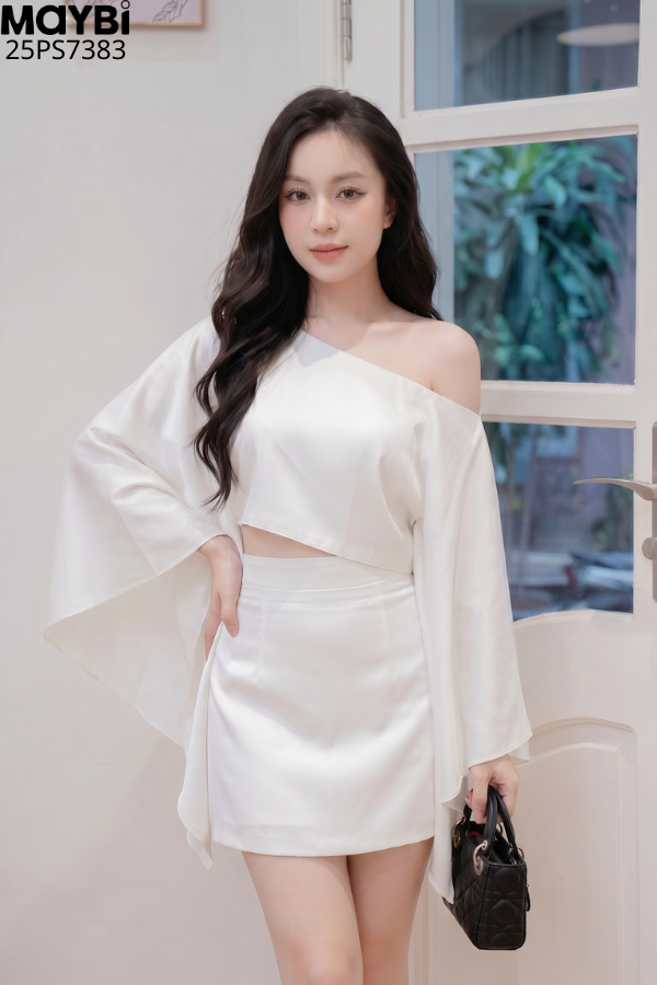 Set áo kiểu lệch vai chân váy A dáng mini