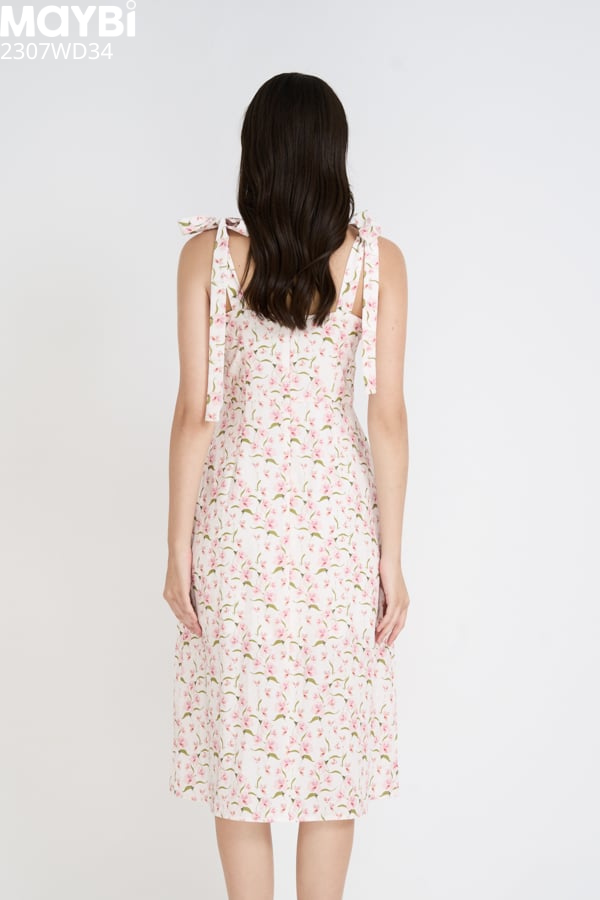 Đầm midi suông lụa cotton in hoa xẻ tà