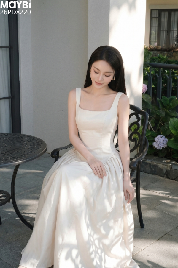 Đầm kem xòe dài nhún eo tôn dáng