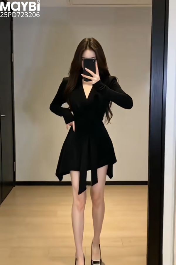 Đầm xòe dài tay buộc nơ eo dáng mini