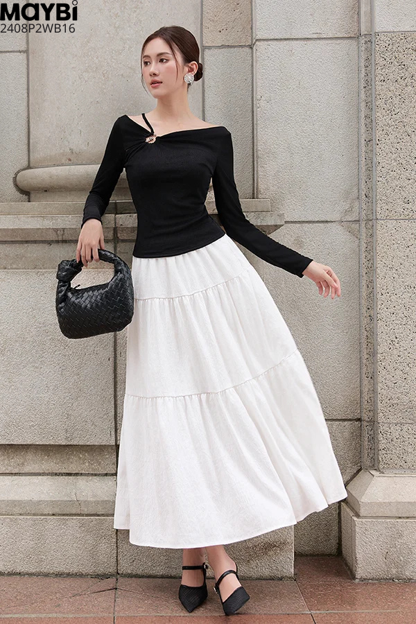 Chân váy xòe nhún tầng midi cotton