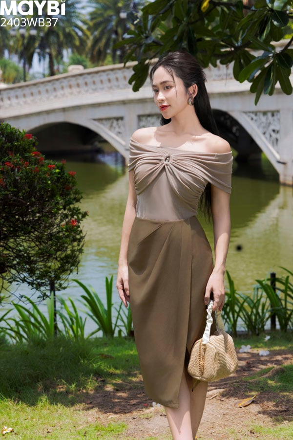 Chân váy xếp ly midi cotton lạnh chéo tà